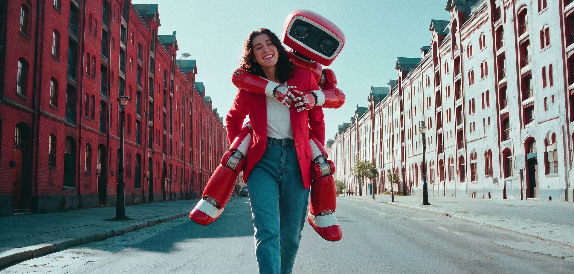 Woman carrying a robot on her back