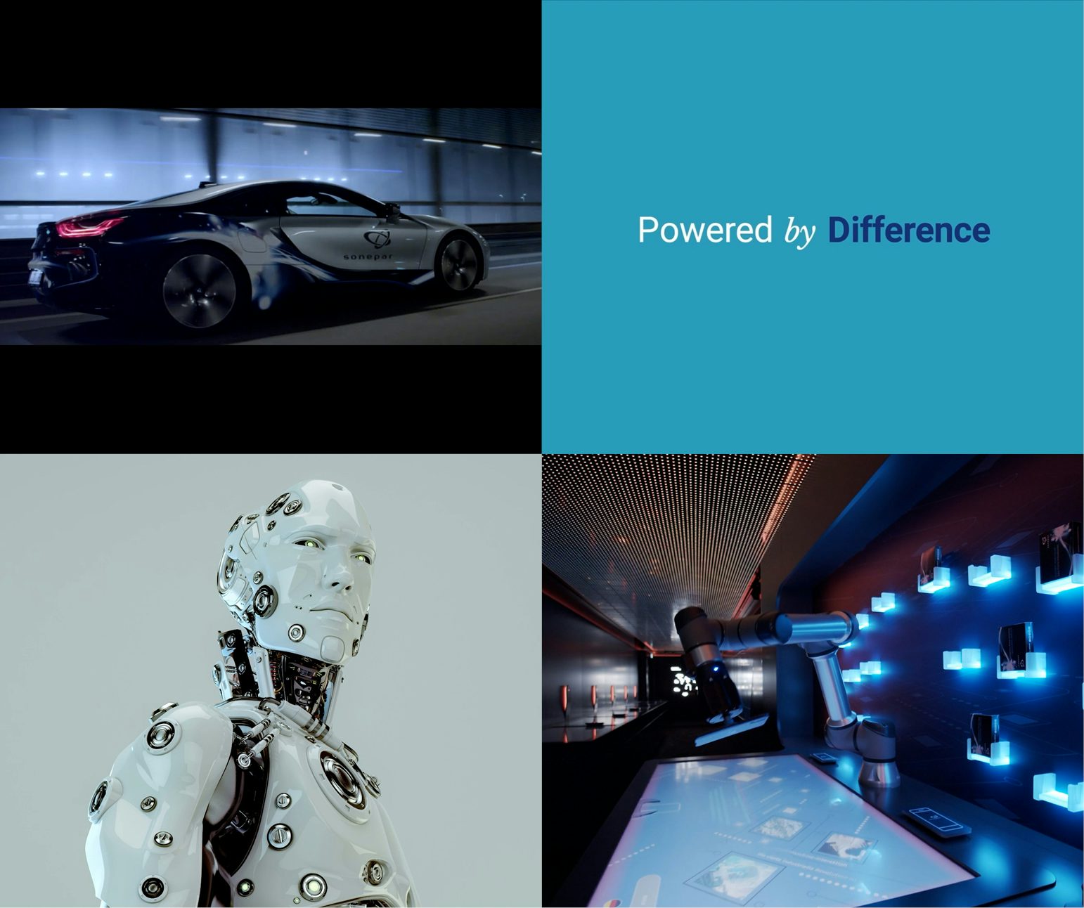 K16 für Sonepar - Collage aus Film-Sequenzen: Sportwagen mit Sonepar-Logo, der Slogan "Powered by Difference", ein Roboter mit menschlichem Gesicht im Portrait und ein Robotik-Arm