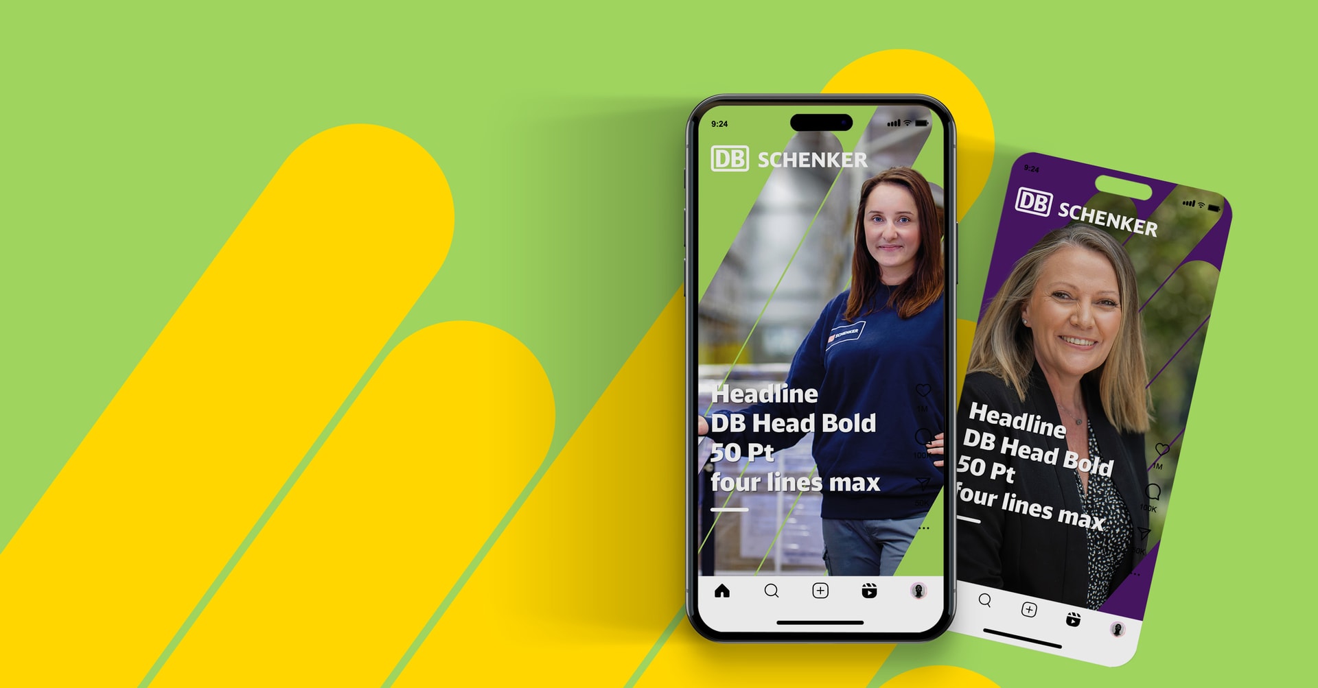 Titelbild für eine Projektreferenz von DB Schenker mit zwei Motiven mit jeweils einer Schenker-Mitarbeiterin und mit Blindtext in einem Mock-up für Social Media in einem Mobiltelefon auf Kampagnenhintergrund