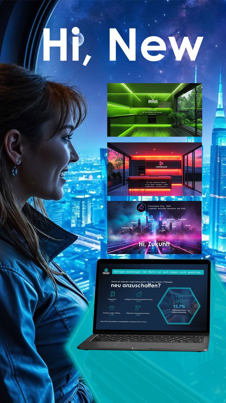 A woman in a black leather jacket looks out a large window at a futuristic city skyline under a starry night sky. The window also displays multiple digital screens, some showing modern kitchen interiors, others displaying charts and text, including "Unsere Konsument*innen" and "Hi, New". A laptop is open in the foreground, showing a presentation slide with various icons and a percentage.