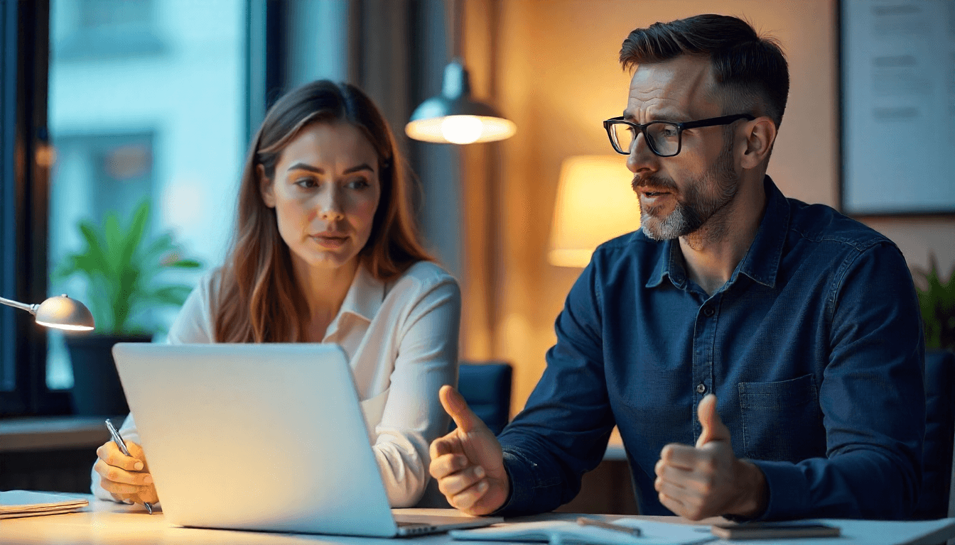 Mann und Frau blicken im Licht einer Bürotischlampe verständnislos auf ein Laptop